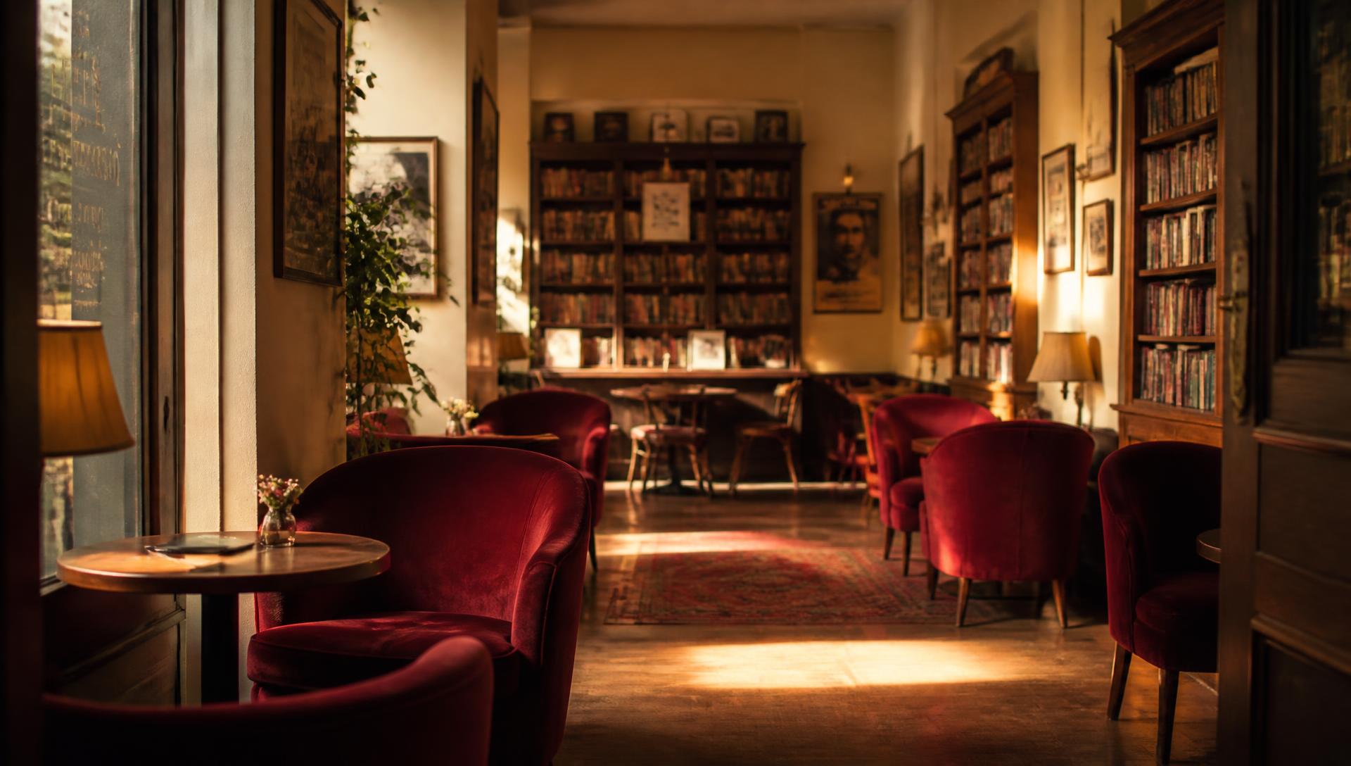 The Book Nook Cafe reading room at golden hour