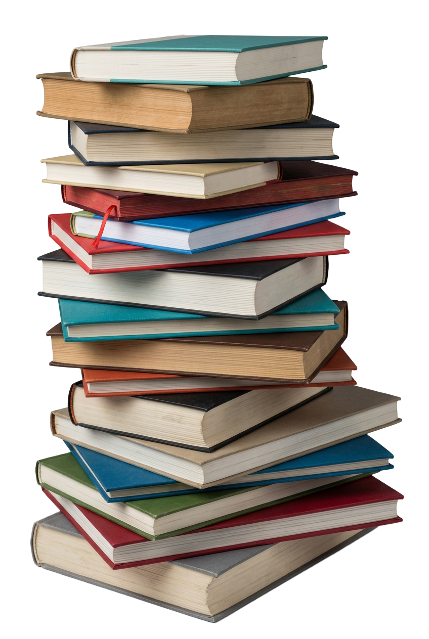 A tall stack of hardcover books from the Book Nook Cafe shelf